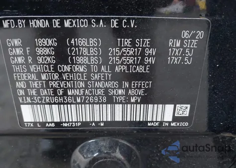 2020 Honda Hr-V Awd Lx from USA, damaged, VIN 3CZRU6H36LM726938